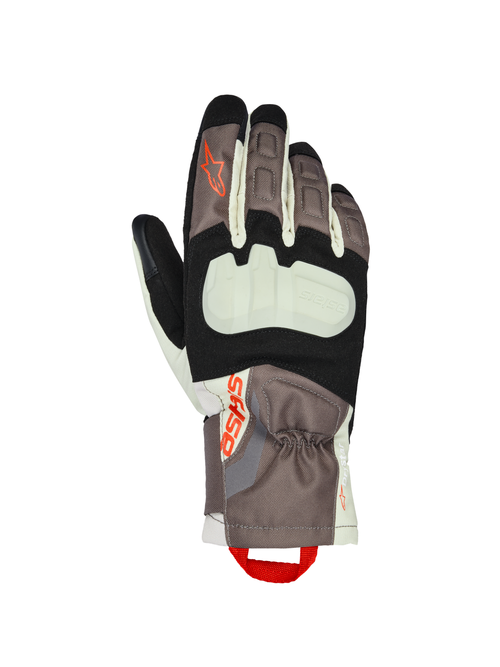 Alpinestars XT-3 Drystar® Isolierhandschuhe, Motorrad-Tourenhandschuhe, Dunkelbraun, Sandfarben und Schwarz mit orangefarbenen Akzenten, mit freiliegendem Knöchelschutz, mittellangem Bündchen, strapazierfähiger Textilkonstruktion und Alpinestars-Branding mit einer roten Anziehhilfe.