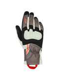 Alpinestars XT-3 Drystar® Isolierhandschuhe, Motorrad-Tourenhandschuhe, Dunkelbraun, Sandfarben und Schwarz mit orangefarbenen Akzenten, mit freiliegendem Knöchelschutz, mittellangem Bündchen, strapazierfähiger Textilkonstruktion und Alpinestars-Branding mit einer roten Anziehhilfe.