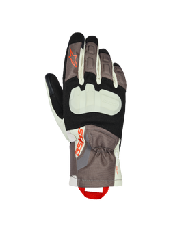 Alpinestars XT-3 Drystar® Insulated Gloves, Motorcycle Touring Gloves, Dark Brown, Sand and Black with Orange Accents, featuring an exposed knuckle protector, mid-length cuff, durable textile construction, and Alpinestars branding with a red finger pull loop.