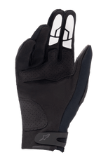 Alpinestars Thermo Shielder Gloves, Black Motocross Gloves, palm side view showing synthetic suede construction, perforated reinforcement patches, white silicone grip patterns on fingers, and a secure wrist strap with logo.