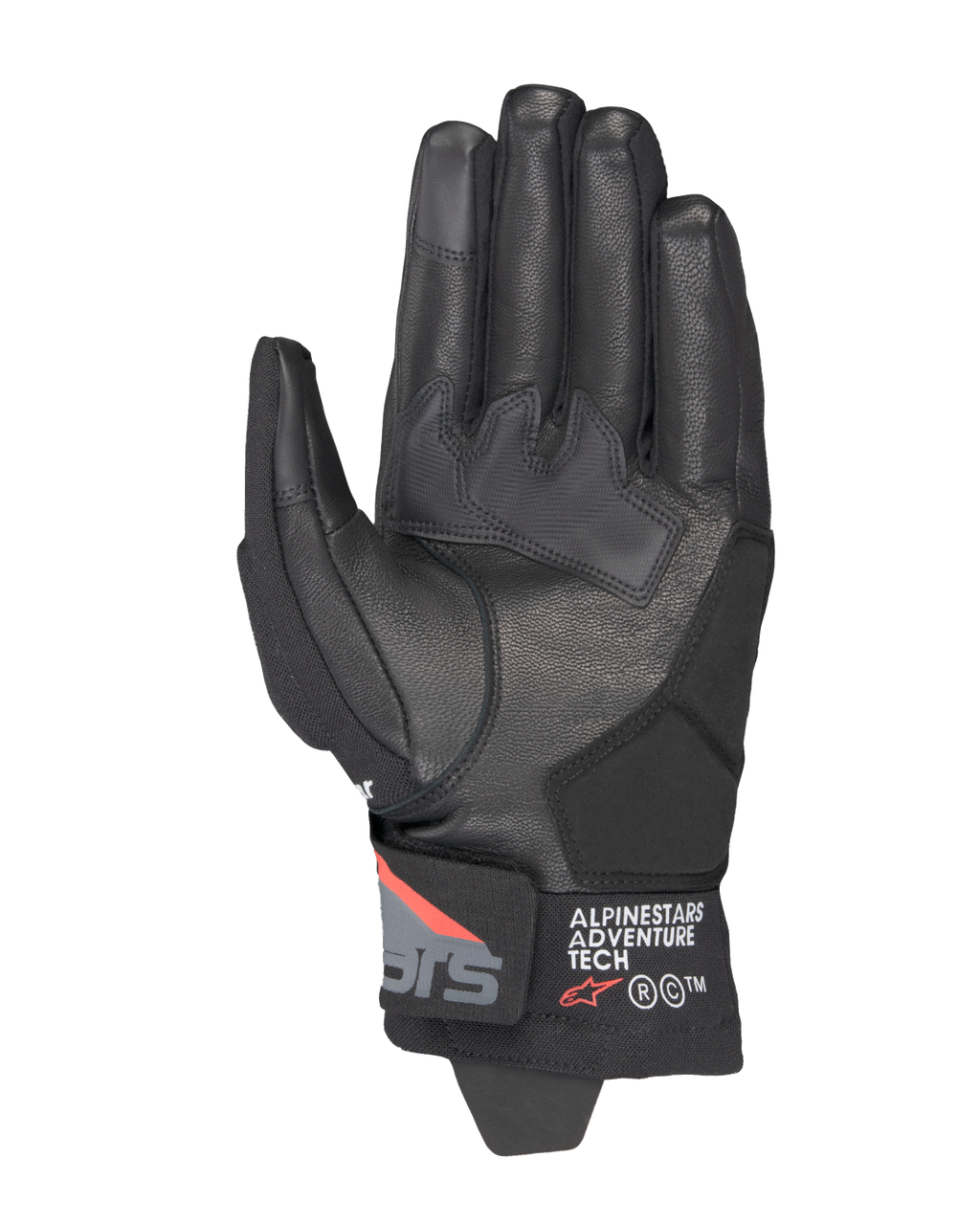 Alpinestars Corozal V3 Drystar® Handschuhe, Schwarz, Dunkelgrau, Leuchtrot, Handflächenansicht mit Lederkonstruktion, synthetischen Handflächenverstärkungen und kurzem Bündchen mit Alpinestars Adventure Tech Branding