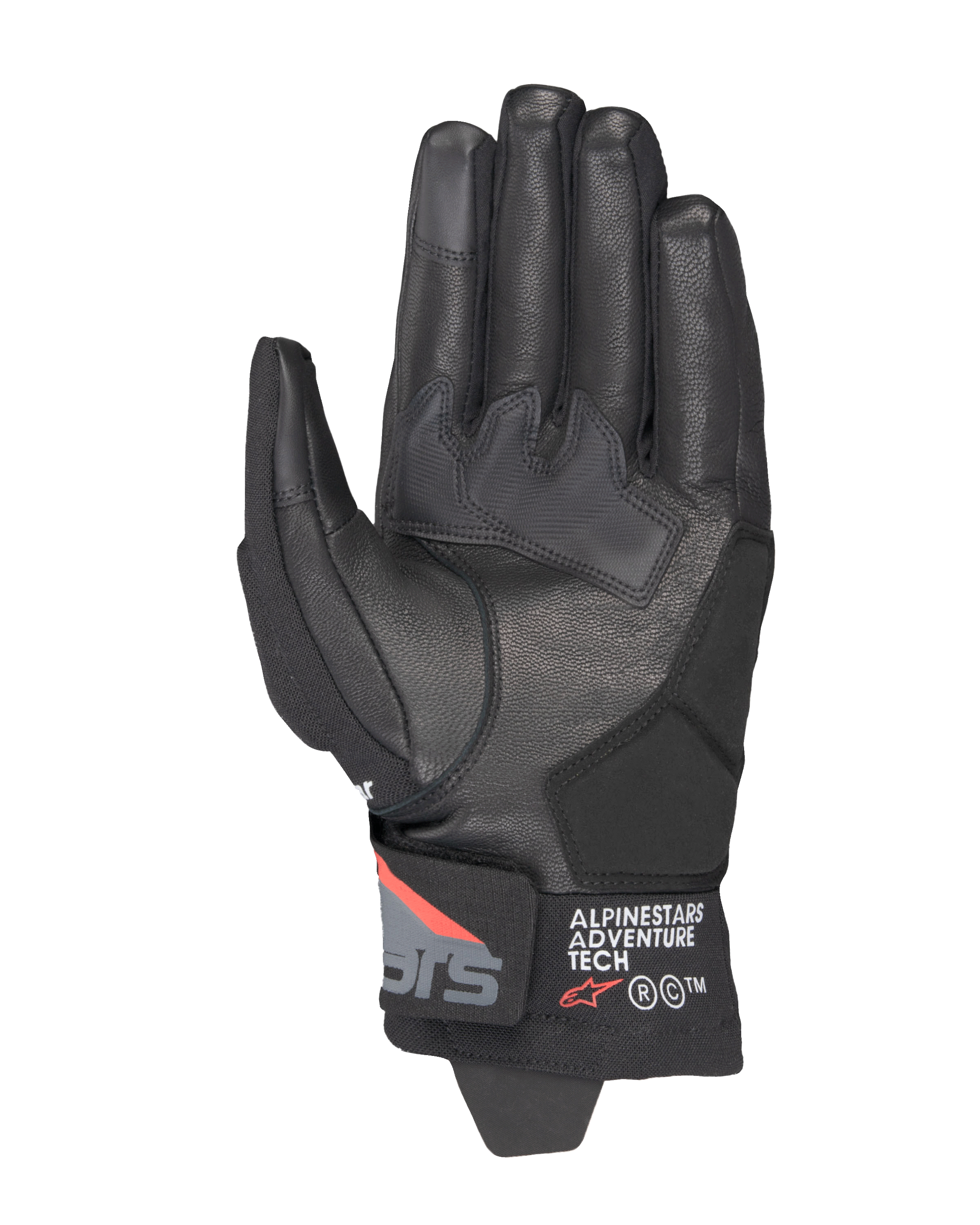Alpinestars Corozal V3 Drystar® Handschuhe, Schwarz, Dunkelgrau, Leuchtrot, Handflächenansicht mit Lederkonstruktion, synthetischen Handflächenverstärkungen und kurzem Bündchen mit Alpinestars Adventure Tech Branding