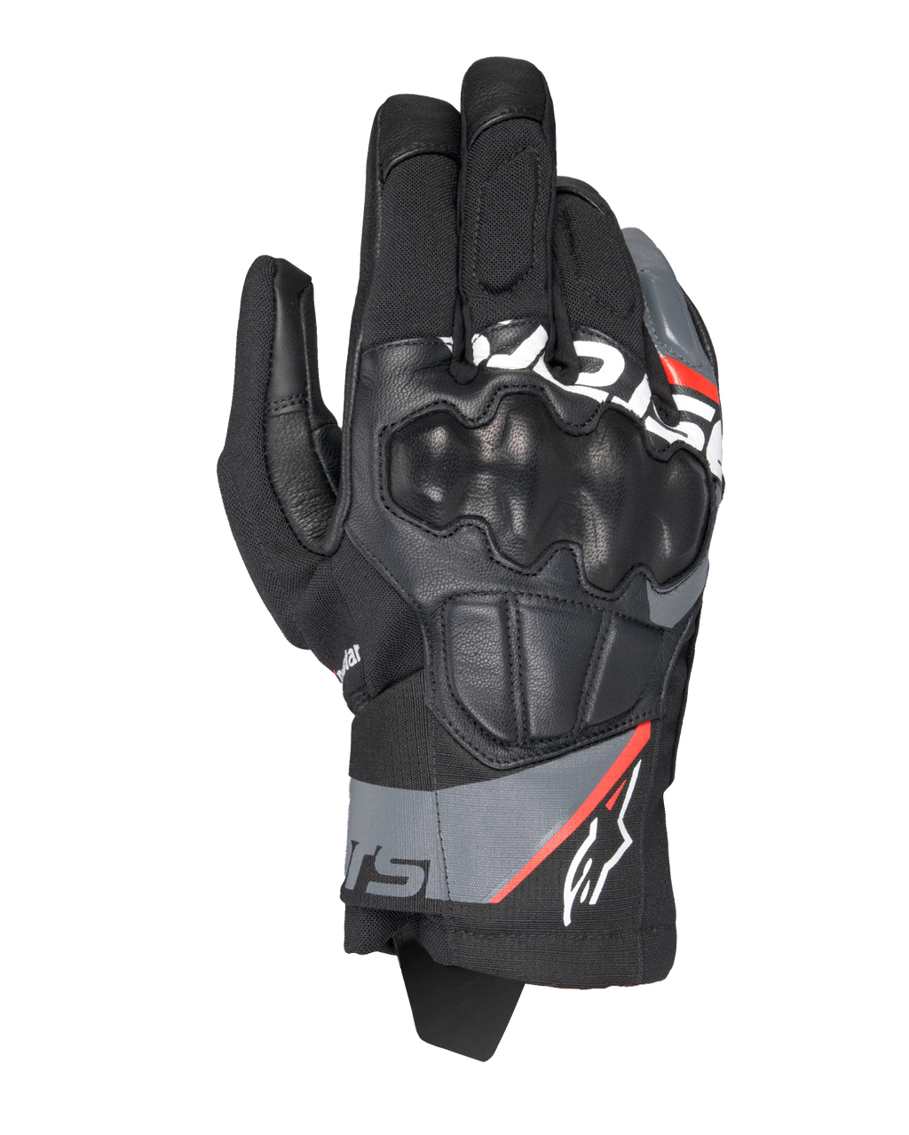 Alpinestars Corozal V3 Drystar® Handschuhe, Adventure-Motorradhandschuhe, Schwarz mit dunkelgrauen und neonroten Akzenten, Draufsicht mit lederüberzogenem SP-Knöchelschutz, Textil- und Lederkonstruktion, kurzes Bündchen, wasserdichte Adventure-Ausrüstung