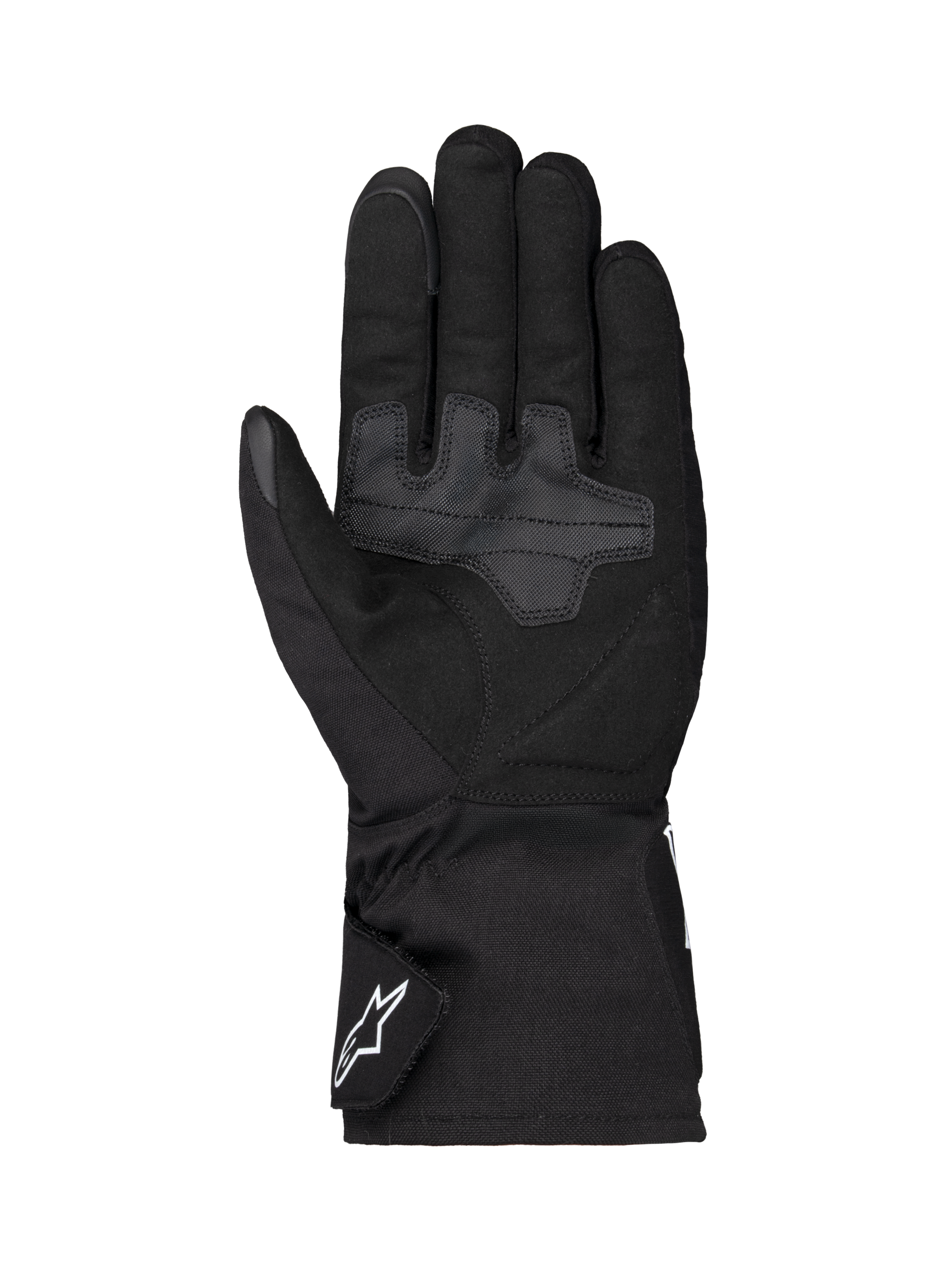 Alpinestars Wt-1 Drystar® isolierte Handschuhe, Motorradhandschuhe, Schwarz, Handflächenansicht mit verstärkten Textil-Grip-Bereichen, lange Manschette mit weißem Alpinestars-Logo auf dem Riemen, wetterfeste Konstruktion für Straßenfahrten