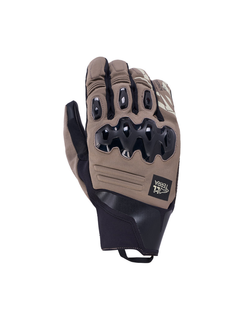 Alpinestars Harok Pro Drystar Gloves, Adventure Motorcycle Gloves, Walnut Black, featuring dual-density knuckle protection, waterproof Drystar membrane, and durable goat leather construction