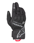 Alpinestars Crestone GORE-TEX Insulated Gloves, Black Motorcycle Touring Gloves, Waterproof and Breathable textile backhand, integrated knuckle protection, silver Alpinestars logo and coordinates, red webbing pull loop