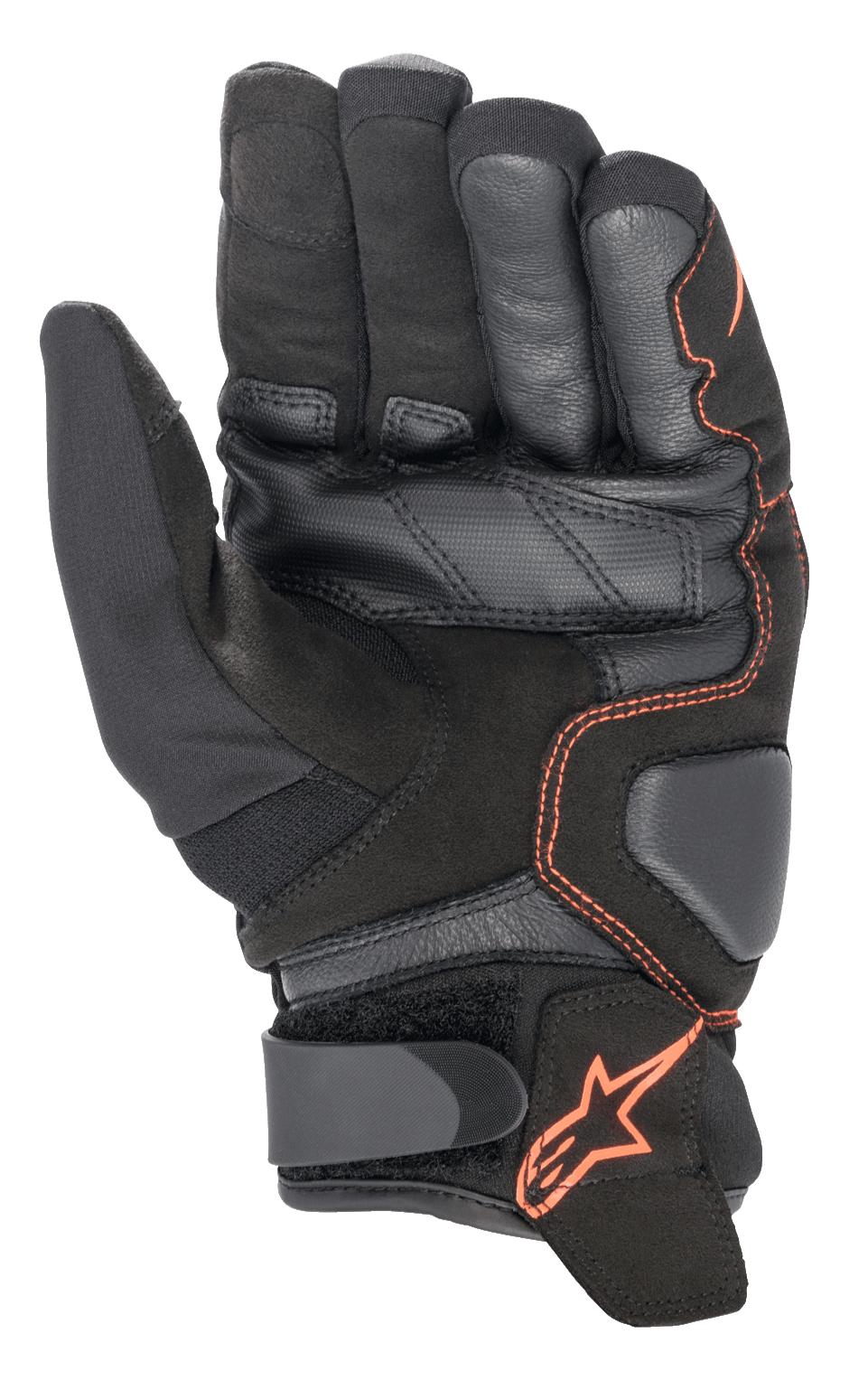 Alpinestars SMX-1 Drystar® Handschuhe, Motorradhandschuhe, Schwarz und Fluo-Rot, Handflächenansicht mit verstärkter Leder- und Wildlederkonstruktion, gepolsterten Aufprallzonen und Klettverschluss am Handgelenk mit rotem Stern-Logo.