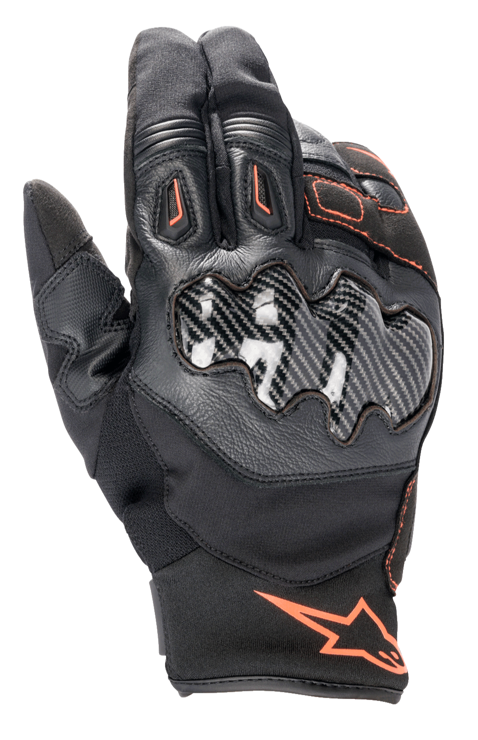 Alpinestars SMX-1 Drystar® Handschuhe, Motorradhandschuhe, Schwarz mit Red Fluo Akzenten, Knöchelschutz in Carbon-Optik, kurze Manschette, Leder- und Textilkonstruktion, wasserdichte Drystar® Membran