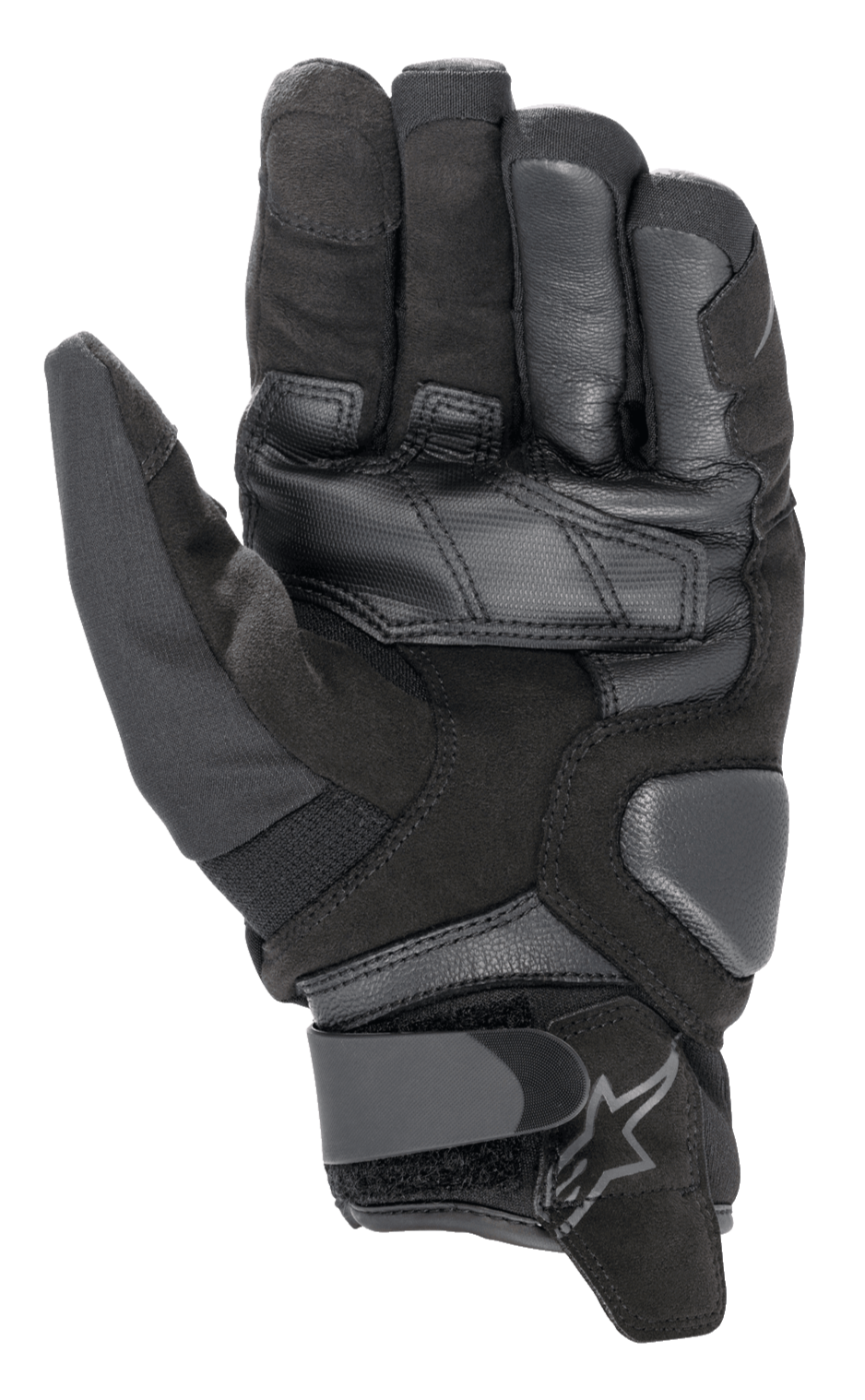 Alpinestars SMX-1 Drystar® Handschuhe, Motorradhandschuhe, Schwarz Schwarz, Handflächenansicht zeigt Konstruktion aus synthetischem Wildleder, Lederverstärkungen, gepolsterte Aufprallzonen und verstellbaren Handgelenkverschluss mit Logo