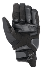 Alpinestars SMX-1 Drystar® Handschuhe, Motorradhandschuhe, Schwarz Schwarz, Handflächenansicht zeigt Konstruktion aus synthetischem Wildleder, Lederverstärkungen, gepolsterte Aufprallzonen und verstellbaren Handgelenkverschluss mit Logo