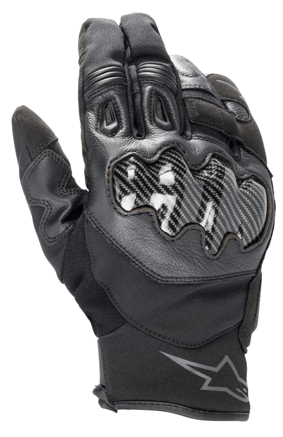 Alpinestars SMX-1 Drystar® Handschuhe, schwarze Motorradhandschuhe, mit Knöchelschutz in Carbon-Optik, Leder- und Textilkonstruktion, kurze Stulpe mit Alpinestars-Logo am Handgelenk