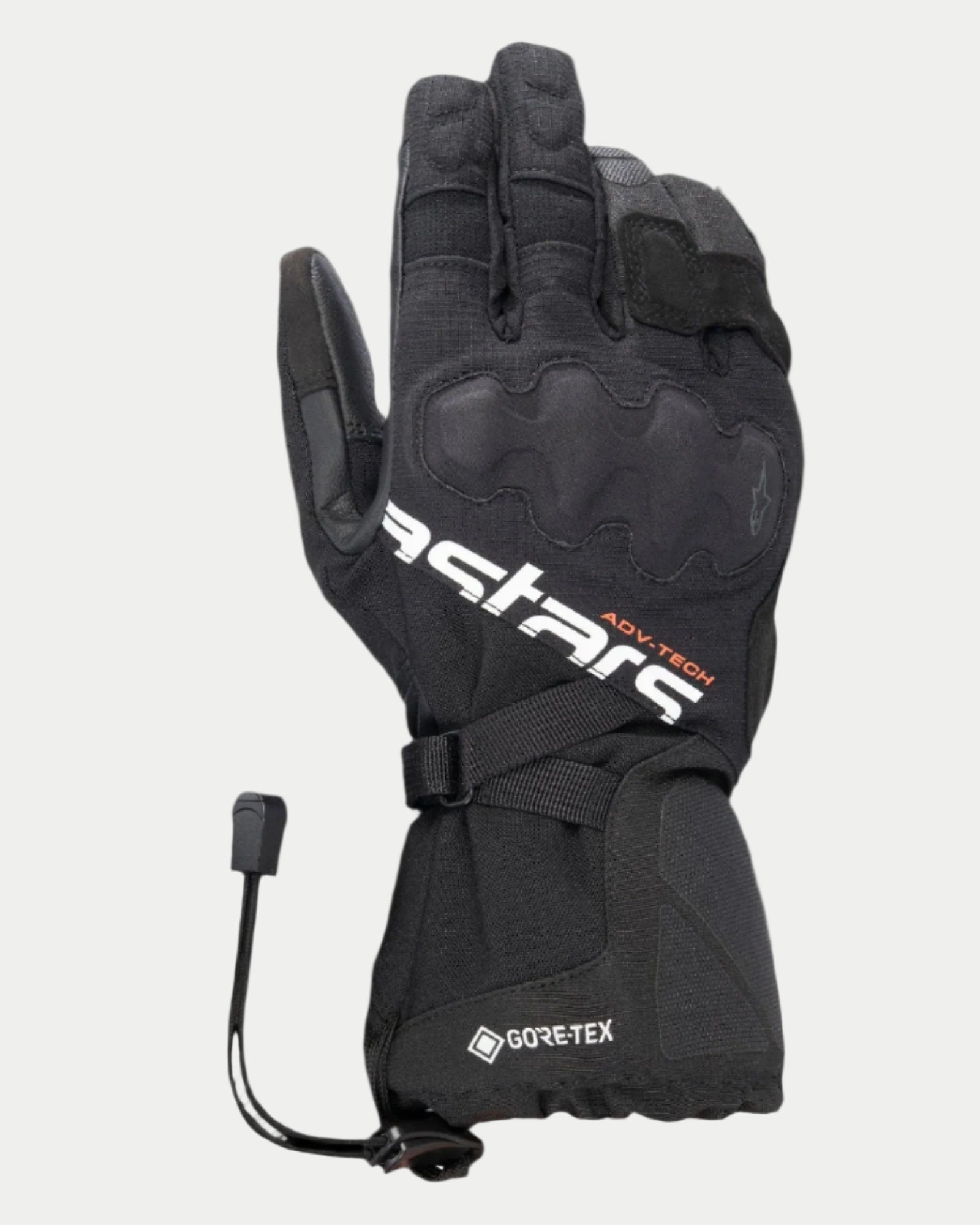 Alpinestars XT-5 GORE-TEX Handschuhe, Schwarze Adventure-Touring-Motorradhandschuhe, lange Stulpe mit GORE-TEX und weißem Astars-Branding, abgedeckter Knöchelschutz, Konstruktion aus Mikro-Ripstop-Textil und Leder, Schnellverschluss mit Kordelzug