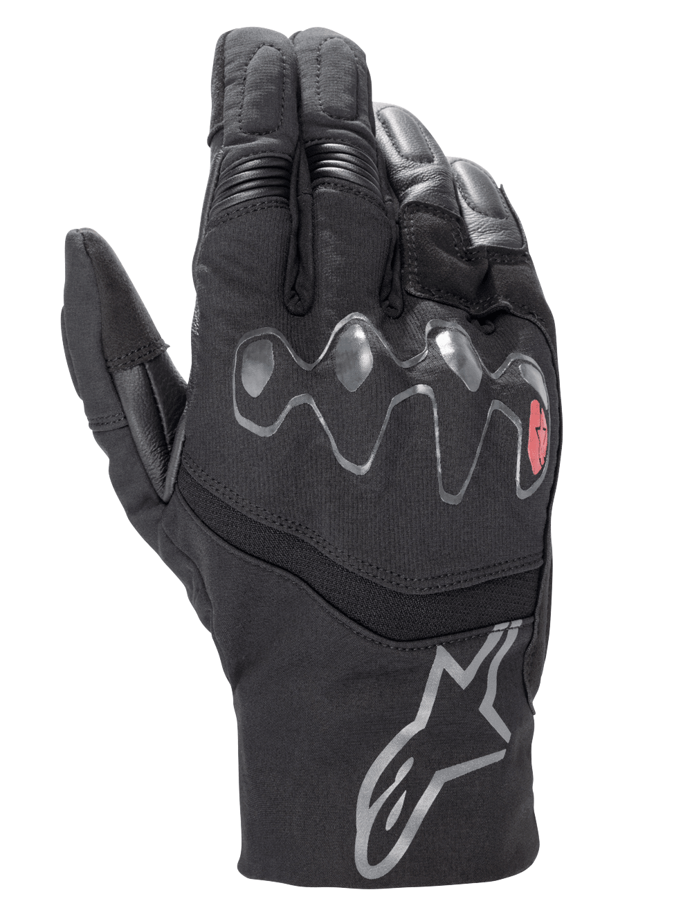 Alpinestars Hyde XT Drystar® XF Handschuhe, schwarze Motorradhandschuhe, wellenförmiger viskoelastischer Knöchelprotektor mit rotem Akzent, mittellange Stulpe mit silbernem Stern-Logo, wasserdichte Textil- und Kunstwildlederkonstruktion, Adventure-Touring-Ausrüstung