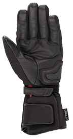 Alpinestars HT-5 Heat Tech Drystar® Handschuhe, Schwarz, Ansicht der Handfläche, mit Ziegenleder-Konstruktion, Handflächengleiter und verstellbaren Handgelenk- und Manschettenriemen, wasserdichte und beheizte Winter-Motorradtourenausrüstung