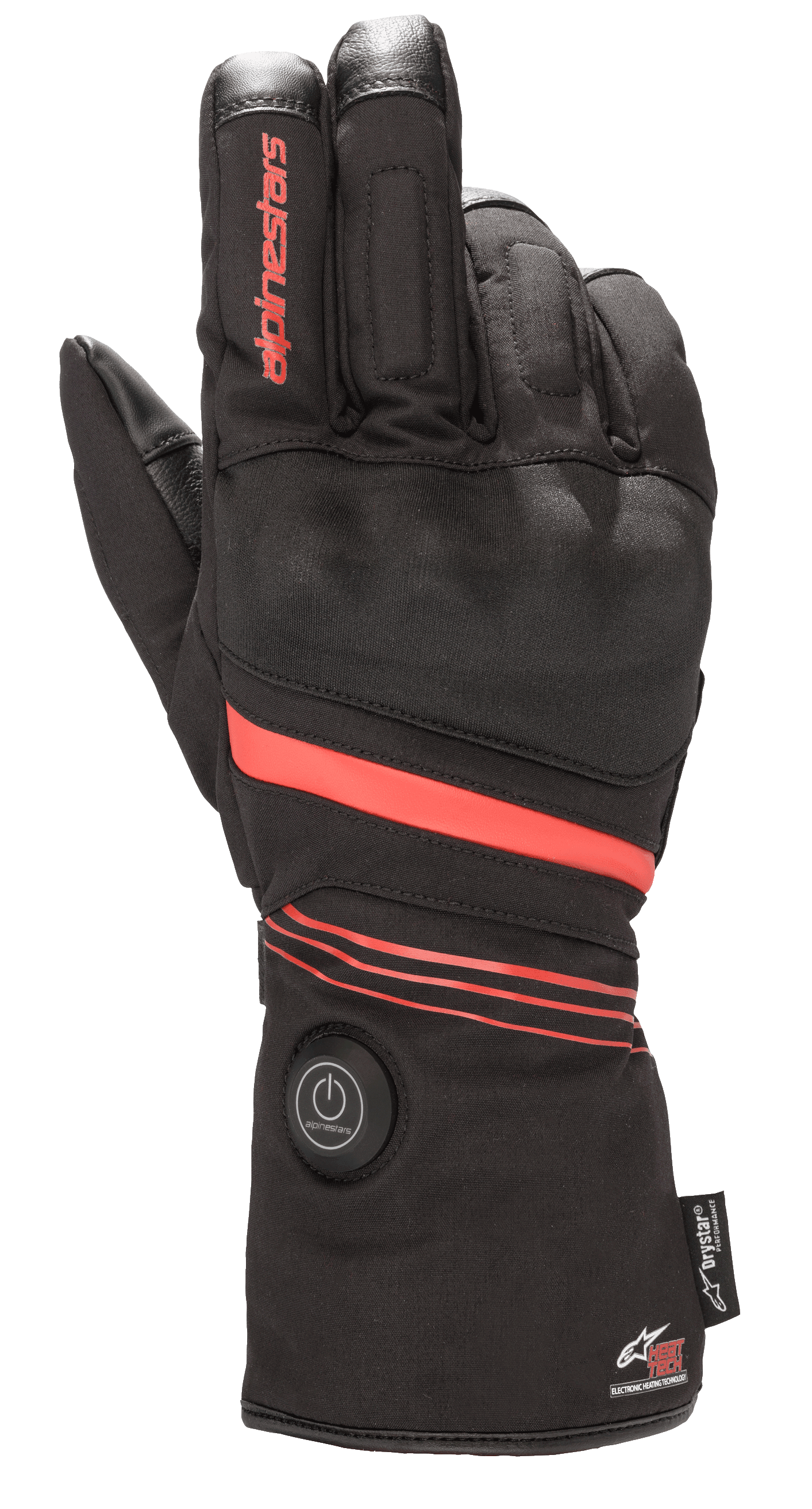 Alpinestars HT-5 Heat Tech Drystar® Handschuhe, Beheizte Motorradhandschuhe, Schwarz mit roten Akzenten, runder Power-Button an der Manschette, rote Streifen über Hand und Handgelenk, Alpinestars-Branding auf dem Finger, konzipiert für wasserdichten Kälteschutz