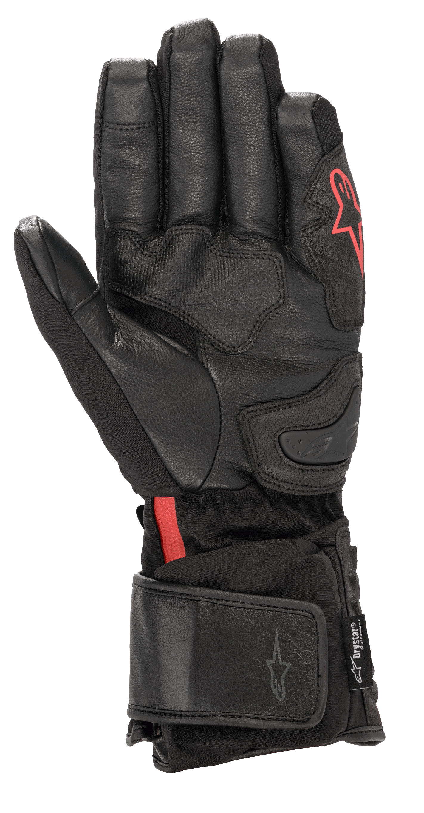 Alpinestars HT-7 Heat Tech Drystar® Handschuhe, schwarze beheizbare Motorradhandschuhe, mit Lederhandfläche und Softshell-Konstruktion mit rotem Alpinestars-Logo, wasserdichter Drystar®-Technologie und verstellbarer Manschette für Straßenfahrten bei kaltem Wetter