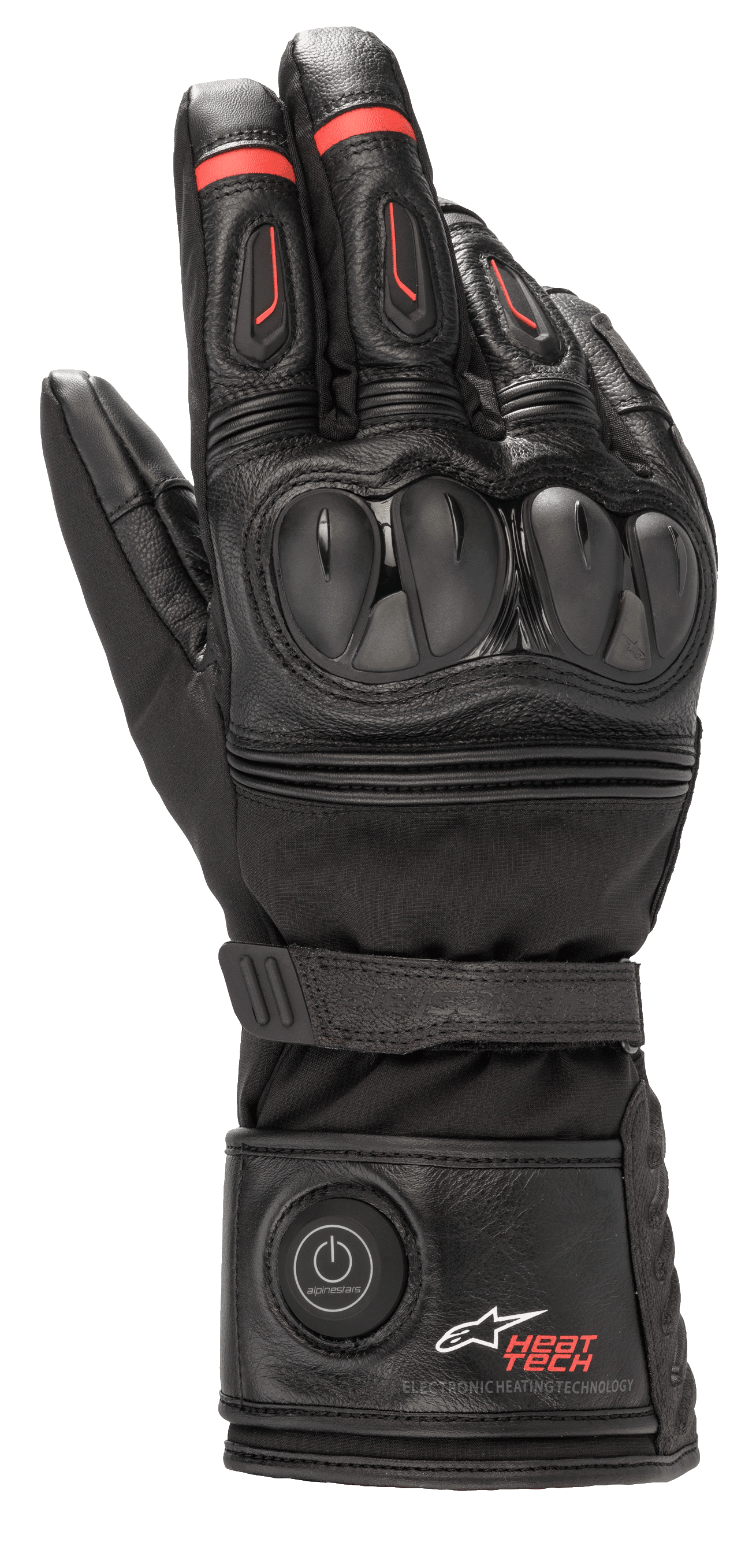 Alpinestars HT-7 Heat Tech Drystar Handschuhe, Beheizte Motorradhandschuhe, Schwarz mit roten Akzenten, elektronisches Heat Tech System mit Einschaltknopf an der Manschette, TPU-Knöchelschutz, wasserdichte Drystar-Technologie, Leder- und Textilkonstruktion