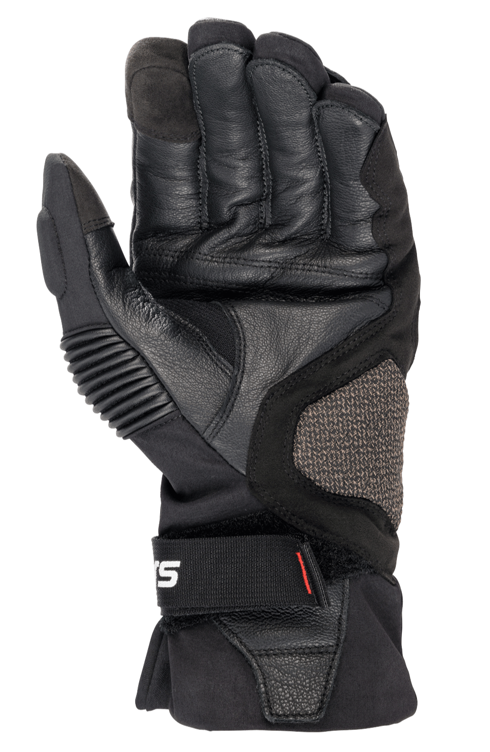 Alpinestars Boulder GORE-TEX Handschuhe, Schwarz, Motorradhandschuhe, Handflächenansicht mit strapazierfähiger Ziegenlederkonstruktion, gepolsterte Verstärkungen, ARshield-Seiteneinsatz und ergonomischer Handgelenkverschluss