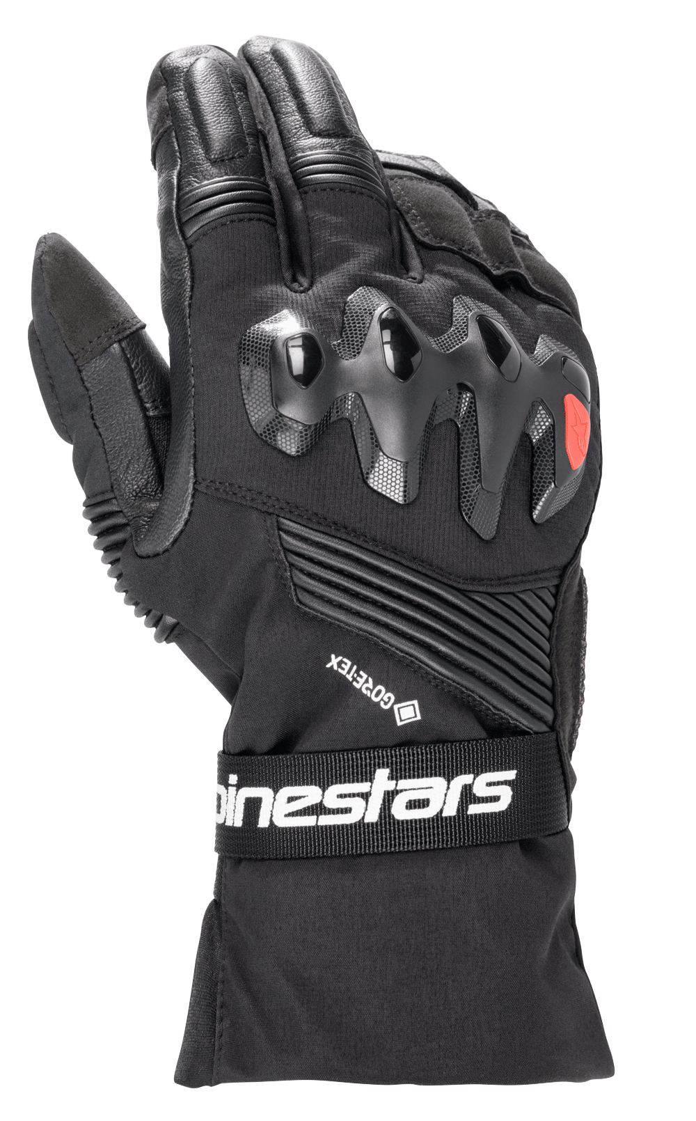 Alpinestars Boulder GORE-TEX Handschuhe, schwarze Motorradhandschuhe mit Hartschalen-Knöchelschutz und rotem Logo, GORE-TEX-Branding, Akkordeon-Stretcheinsätzen und einem Handgelenkriemen mit weißem Alpinestars-Schriftzug, strapazierfähige Textil- und Lederkonstruktion