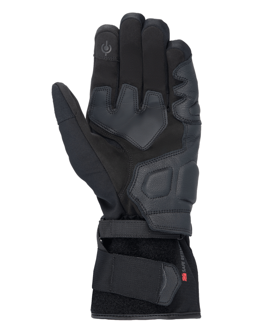 Alpinestars Tourer W-7 V2 Drystar® Handschuhe, schwarze Motorradhandschuhe, Handflächenansicht mit Lederverstärkungen, gepolsterten Griffbereichen, touchscreen-kompatibler Fingerspitze und sicherem Riemenverschluss am Handgelenk.