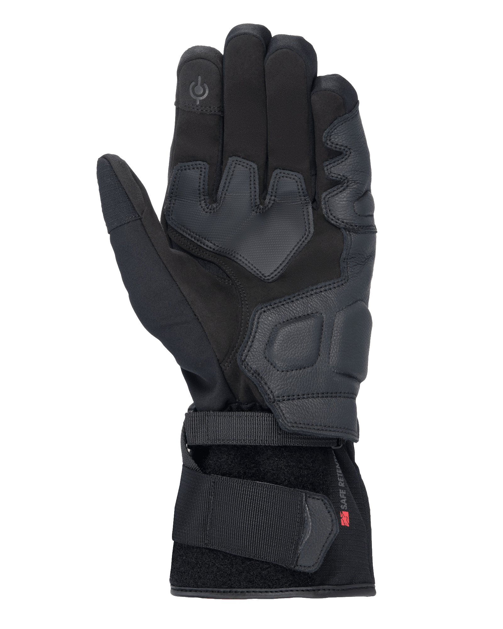 Alpinestars Tourer W-7 V2 Drystar® Handschuhe, schwarze Motorradhandschuhe, Handflächenansicht mit Lederverstärkungen, gepolsterten Griffbereichen, touchscreen-kompatibler Fingerspitze und sicherem Riemenverschluss am Handgelenk.