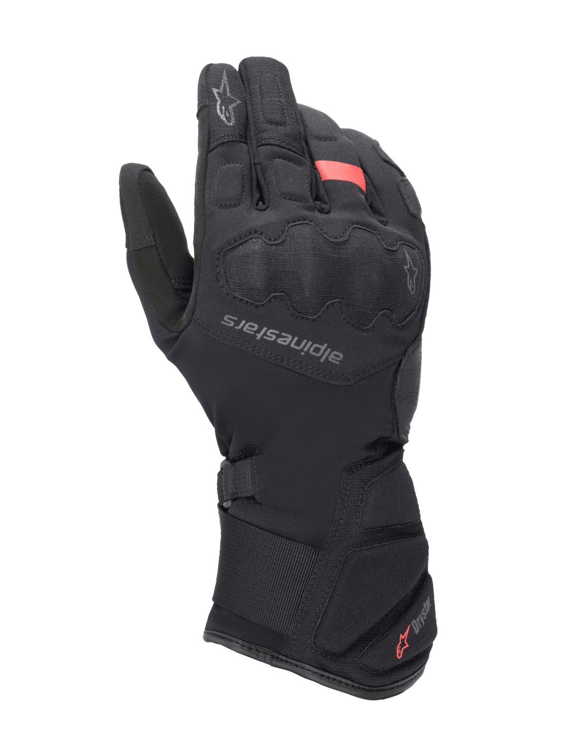 Alpinestars Tourer W-7 V2 Drystar Gloves, Winter Motorcycle Touring Gloves, Black with red accents, featuring reinforced knuckle protection, Alpinestars logo on the back of the hand, and a long adjustable cuff with Drystar branding