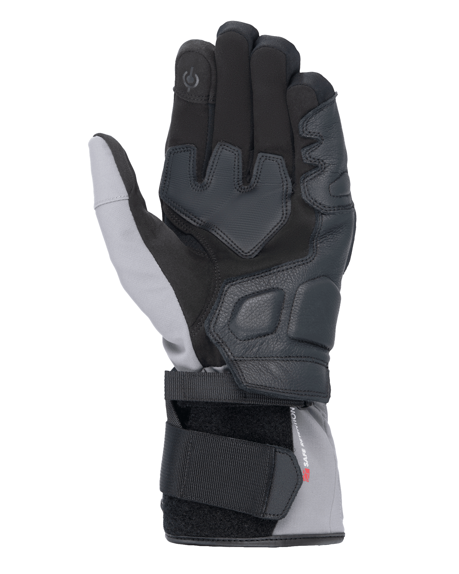 Alpinestars Tourer W-7 V2 Drystar® Gloves, palm view, Black and Dark Gray, winter motorcycle gloves featuring leather palm reinforcements, touchscreen compatible index finger, and dual-strap closure system for a secure fit