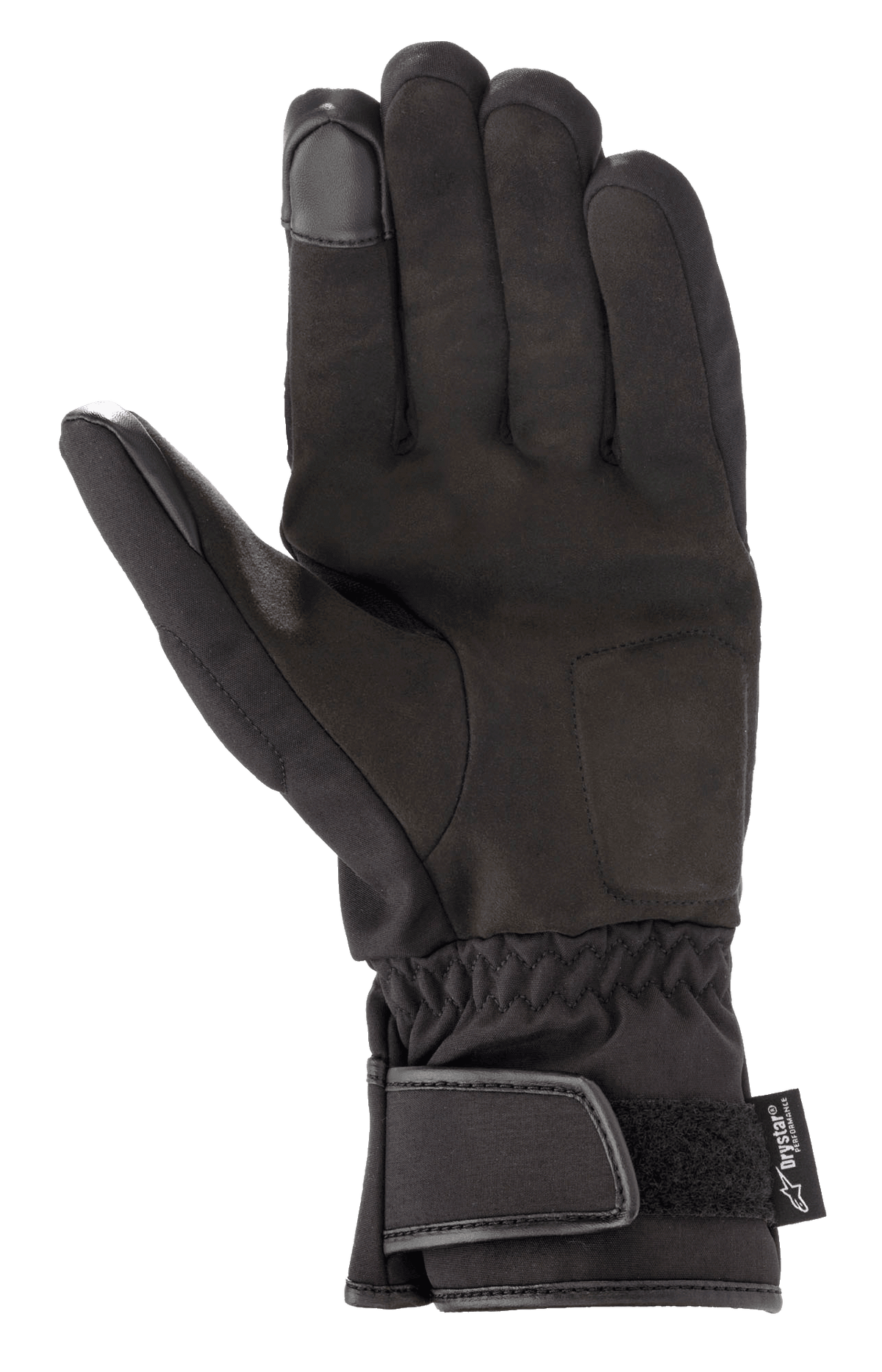 Alpinestars SR-3 V2 Drystar® Handschuhe, wasserdichte Motorradhandschuhe, schwarz, Handflächenansicht mit Synthetikleder, Stulpenmanschette mit Klettverschluss und Touchscreen-kompatiblen Fingerspitzen
