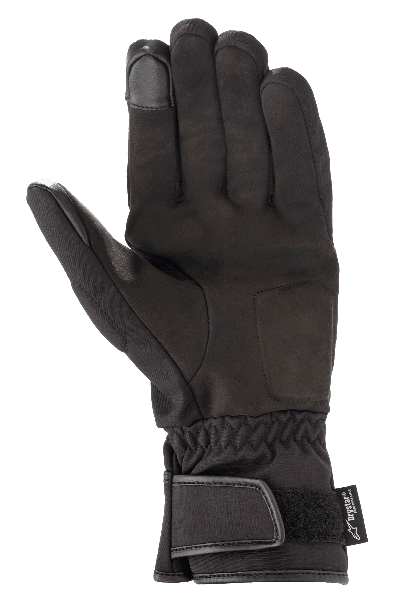 Alpinestars SR-3 V2 Drystar® Handschuhe, wasserdichte Motorradhandschuhe, schwarz, Handflächenansicht mit Synthetikleder, Stulpenmanschette mit Klettverschluss und Touchscreen-kompatiblen Fingerspitzen