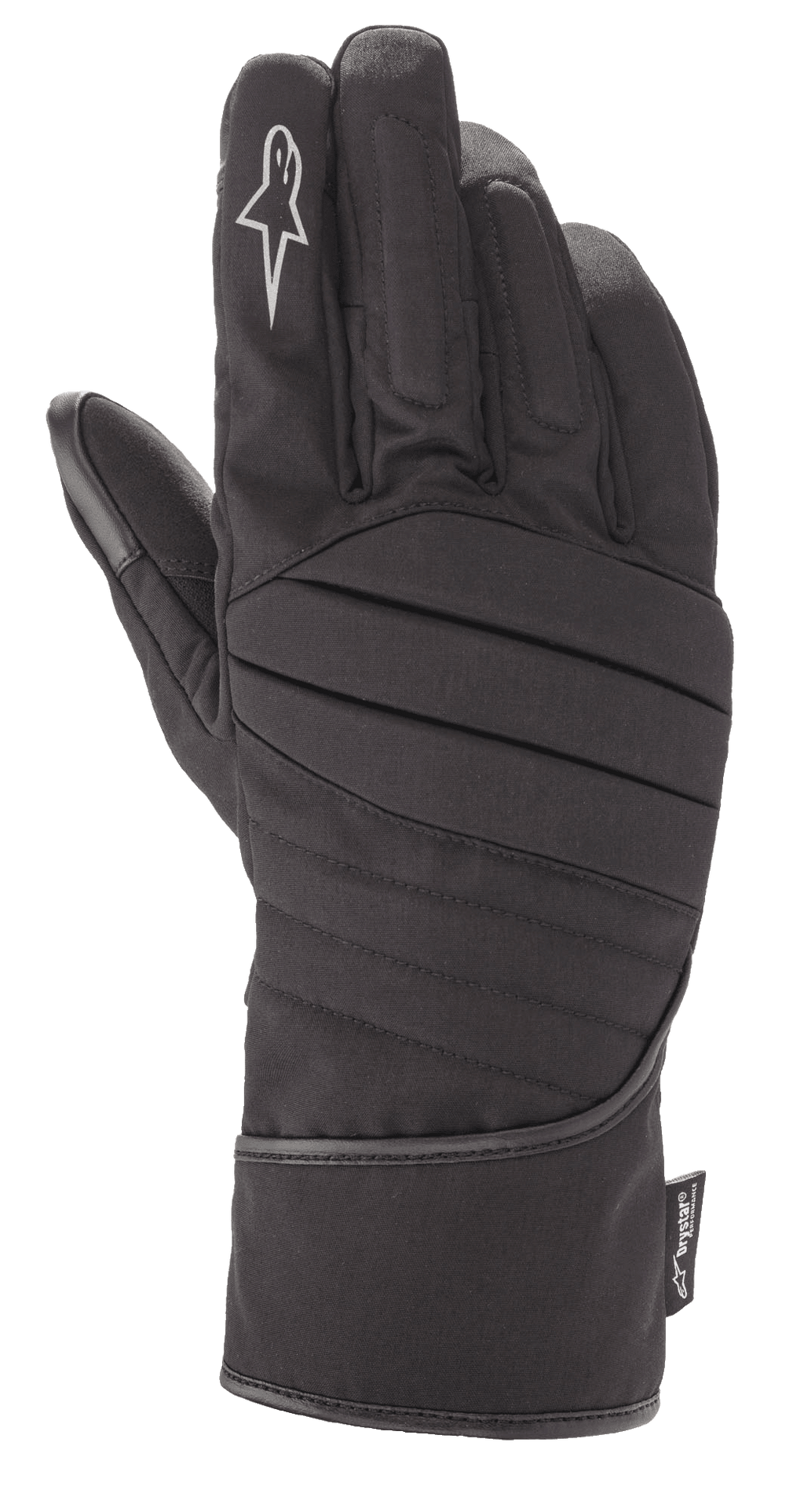 Alpinestars SR-3 V2 Drystar® Handschuhe, schwarze wasserdichte Motorrad-Tourenhandschuhe, Stulpen-Design mit gepolstertem geripptem Handrücken, weißem Stern-Logo auf dem Zeigefinger und Drystar® Performance-Etikett
