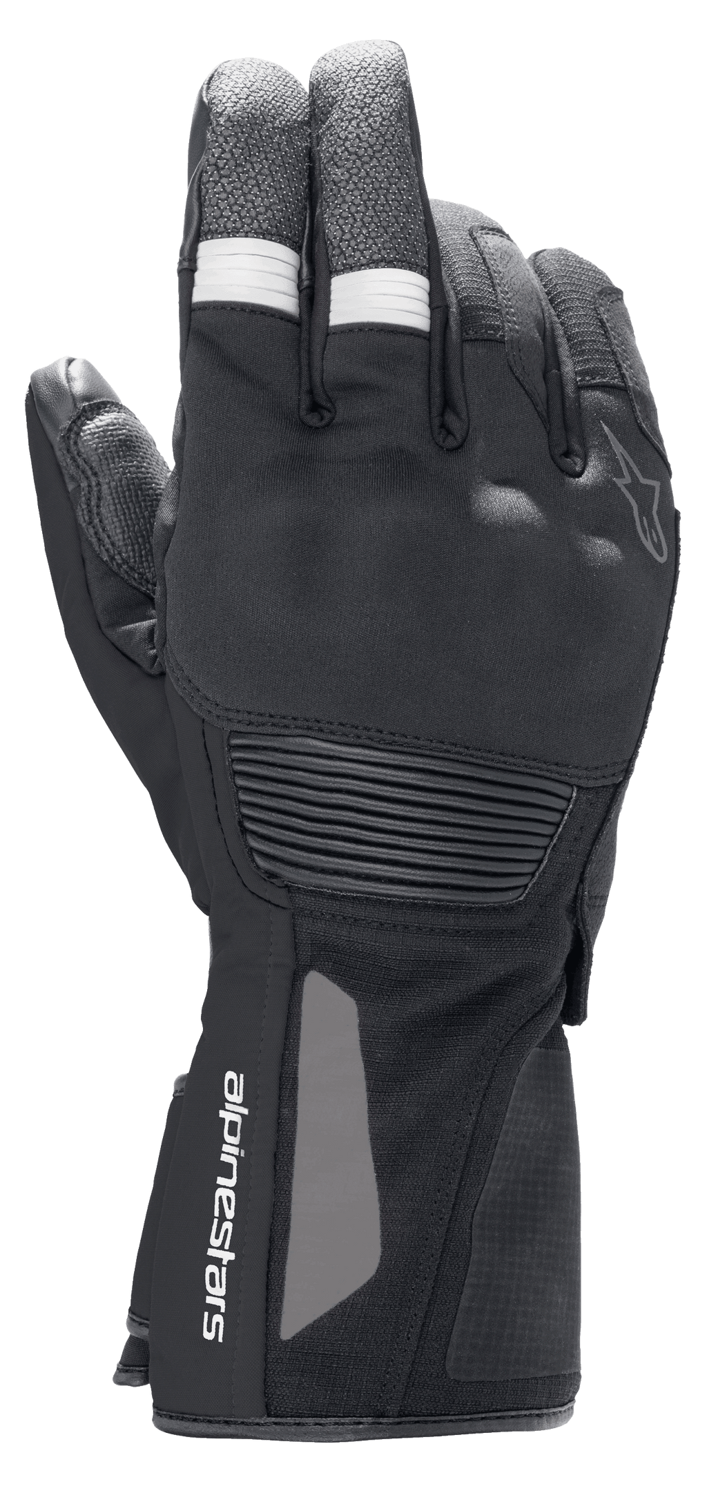 Alpinestars Denali Aerogel Drystar® Handschuhe, Motorrad-Adventure-Tourenhandschuhe, Schwarz mit weißen gerippten Akzenten an den Fingern, geformter Knöchelschutz und Branding am Handgelenk, technische Multi-Material-Konstruktion für Performance bei kaltem Wetter