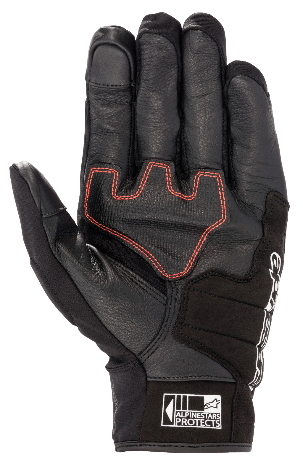 Alpinestars Honda SMX Z Drystar® Glove, short cuff motorcycle glove, Black with bright red geometric stitching on the palm, goat leather construction with suede reinforcements, features touchscreen compatible fingertips and Alpinestars Protects logo on the cuff.
