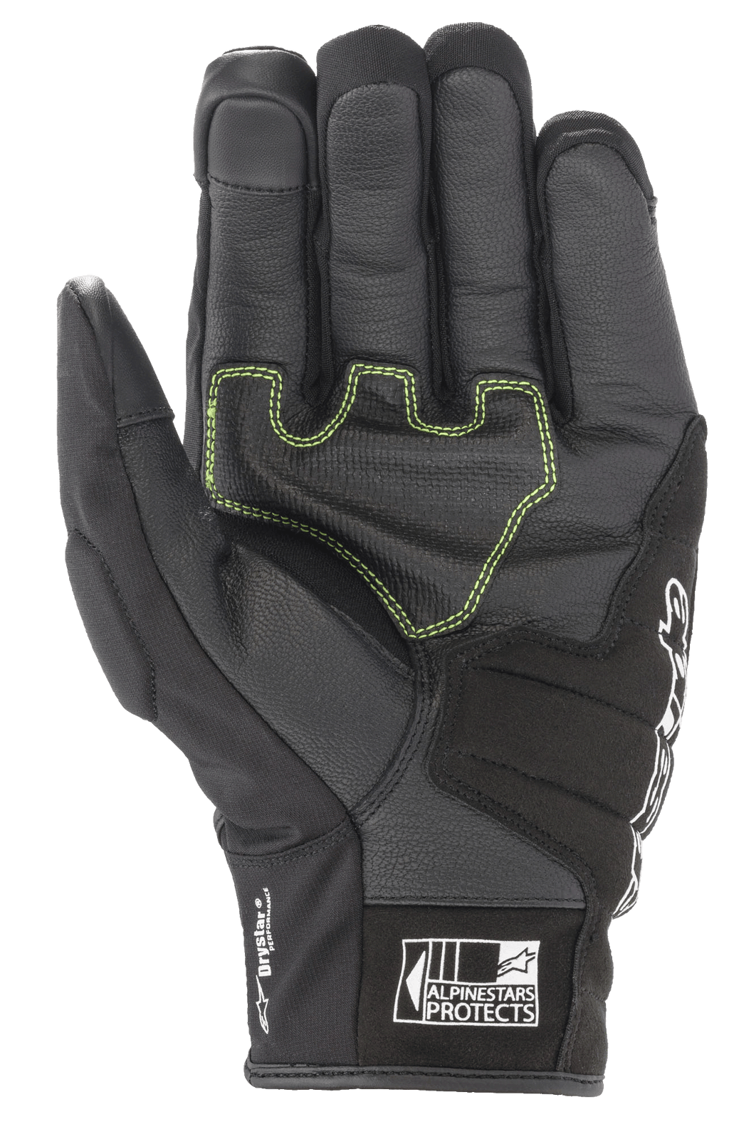 Alpinestars SMX Z Drystar® Handschuhe, schwarze Motorradhandschuhe, Handflächenansicht mit neongrünen Kontrastnähten auf verstärktem Leder, 'Drystar Performance'-Branding an der Seite und 'Alpinestars Protects'-Logo auf der Manschette