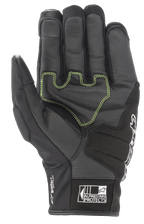 Alpinestars SMX Z Drystar® Handschuhe, schwarze Motorradhandschuhe, Handflächenansicht mit neongrünen Kontrastnähten auf verstärktem Leder, 'Drystar Performance'-Branding an der Seite und 'Alpinestars Protects'-Logo auf der Manschette