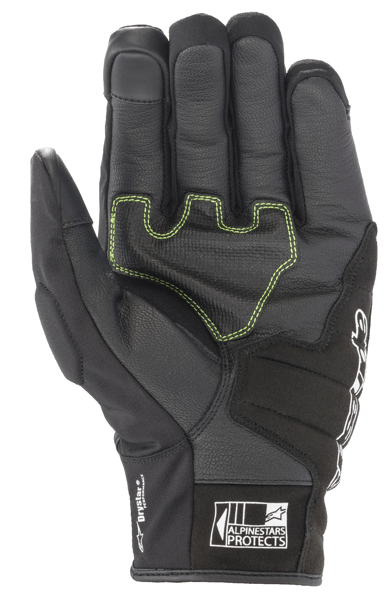 Alpinestars SMX Z Drystar® Handschuhe, schwarze Motorradhandschuhe, Handflächenansicht mit neongrünen Kontrastnähten auf verstärktem Leder, 'Drystar Performance'-Branding an der Seite und 'Alpinestars Protects'-Logo auf der Manschette