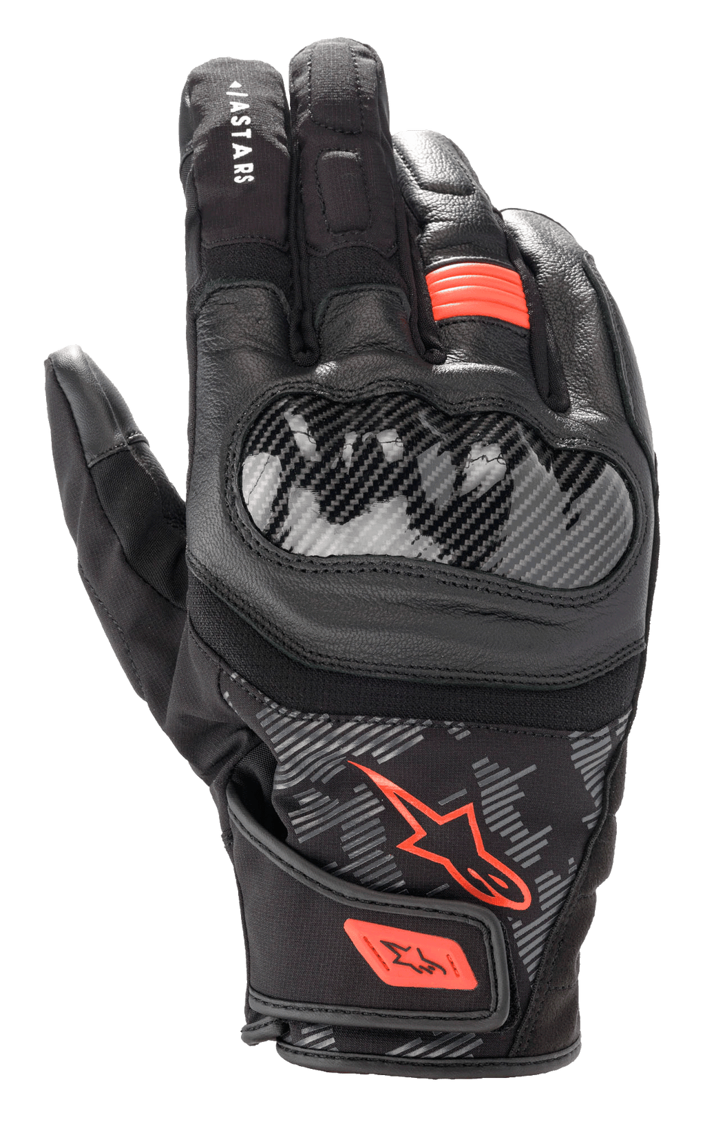 Alpinestars SMX Z Drystar® Gloves, Motorcycle Riding Gloves, Black and Red Fluo, carbon fiber-style hard knuckle protector, leather and textile construction, waterproof short-cuff design