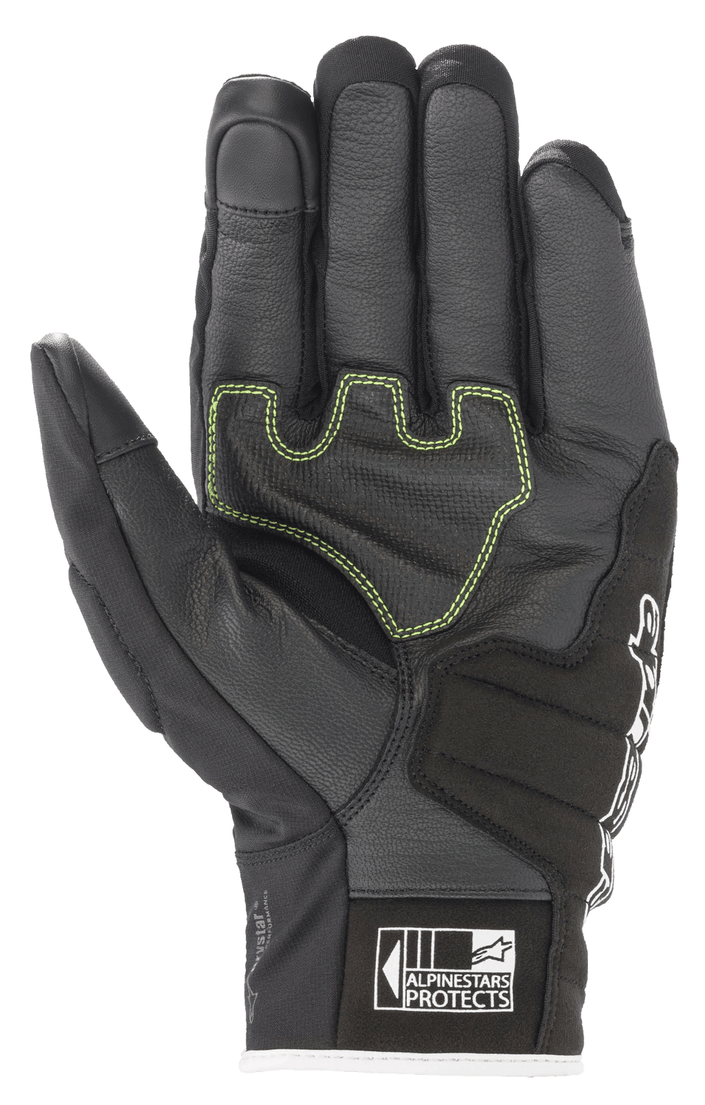 Alpinestars SMX Z Drystar® Handschuhe, Motorradhandschuhe, Schwarz Weiß Rot Fluo, Handflächenansicht mit verstärktem Leder, limettengrünen Kontrastnähten und Alpinestars Protects-Logo an der Stulpe