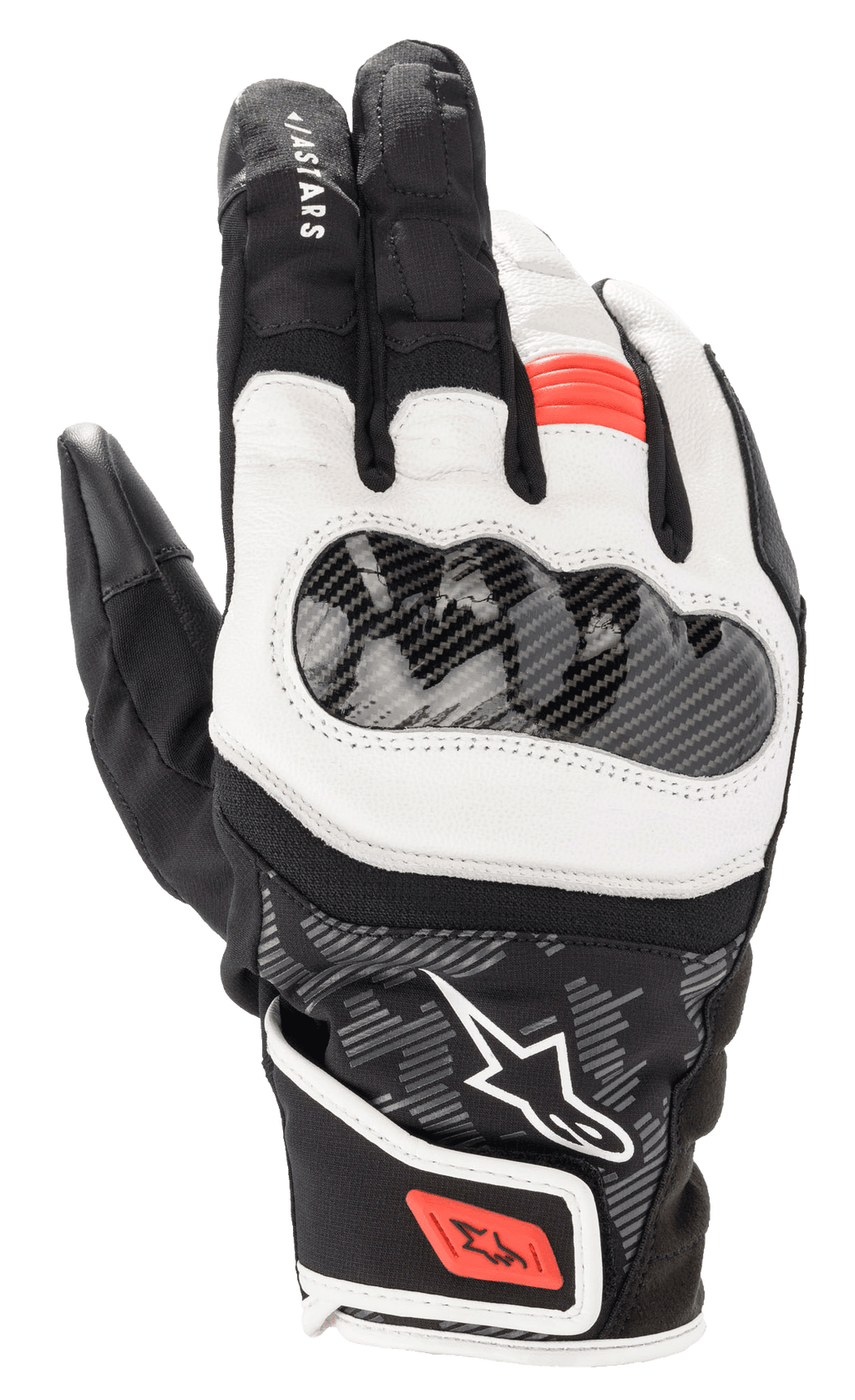 Alpinestars SMX Z Drystar Handschuhe, Motorradhandschuhe mit kurzer Stulpe, Schwarz, Weiß und Fluo-Rot, mit hartem Knöchelprotektor in Carbon-Optik, geschmeidigen weißen Ledereinsätzen sowie roten Akzenten an Fingern und Handgelenkschlaufe