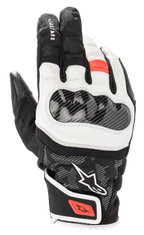 Alpinestars SMX Z Drystar Handschuhe, Motorradhandschuhe mit kurzer Stulpe, Schwarz, Weiß und Fluo-Rot, mit hartem Knöchelprotektor in Carbon-Optik, geschmeidigen weißen Ledereinsätzen sowie roten Akzenten an Fingern und Handgelenkschlaufe