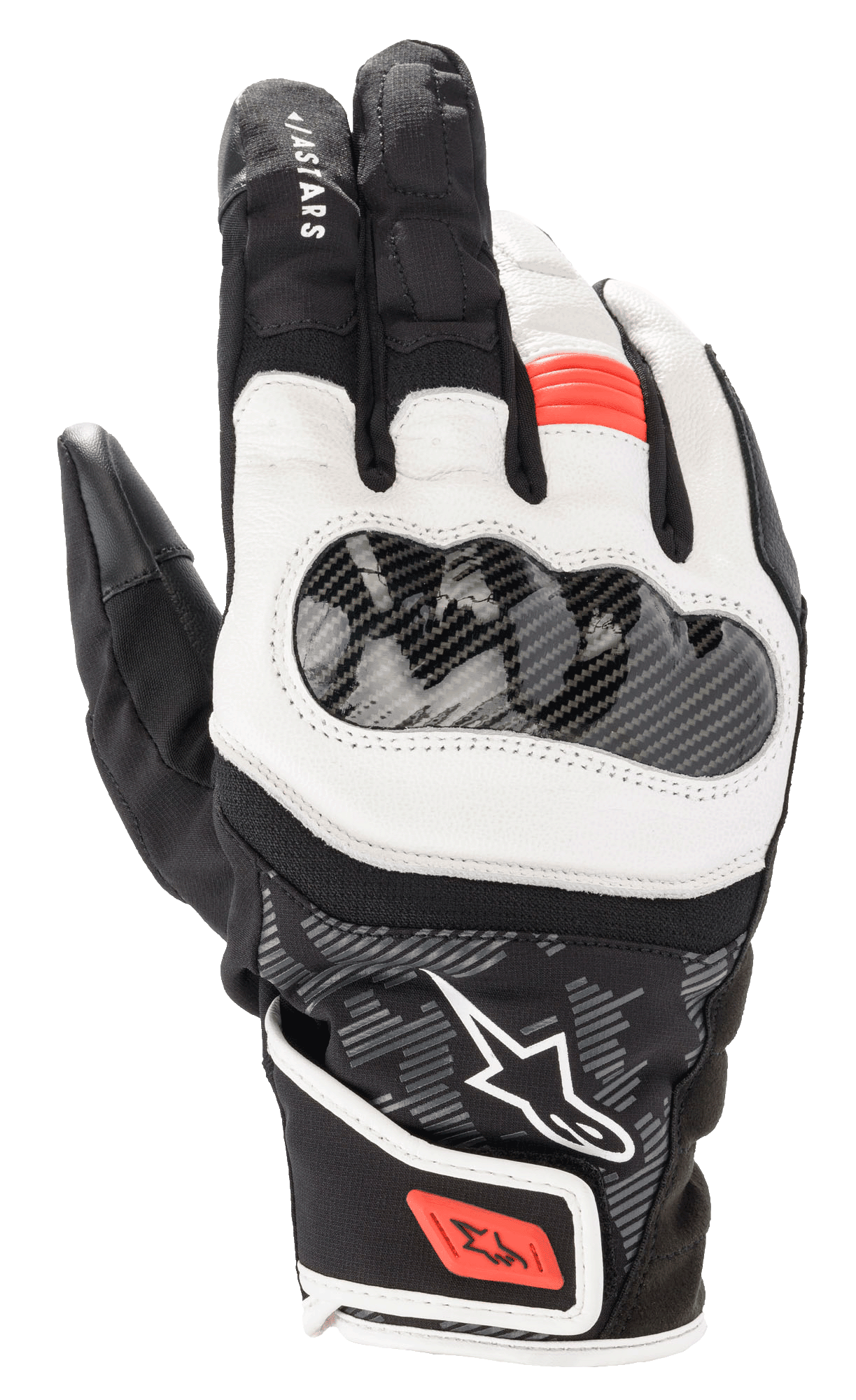 Alpinestars SMX Z Drystar Handschuhe, Motorradhandschuhe mit kurzer Stulpe, Schwarz, Weiß und Fluo-Rot, mit hartem Knöchelprotektor in Carbon-Optik, geschmeidigen weißen Ledereinsätzen sowie roten Akzenten an Fingern und Handgelenkschlaufe