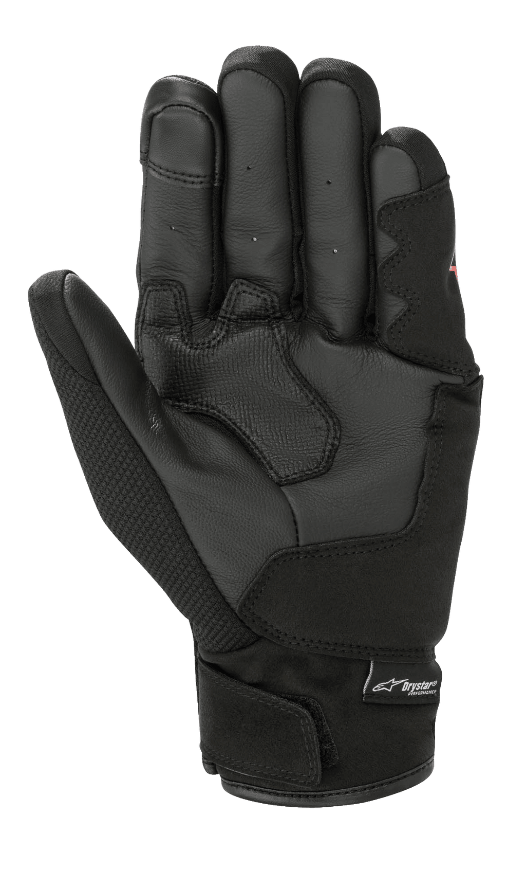 Alpinestars S-Max Drystar® Handschuh, Kurzstulpen-Motorradhandschuh, Schwarz, Handflächenansicht mit Lederkonstruktion, verstärkten Grip-Einsätzen und verstellbarem Handgelenkverschluss mit Drystar-Branding