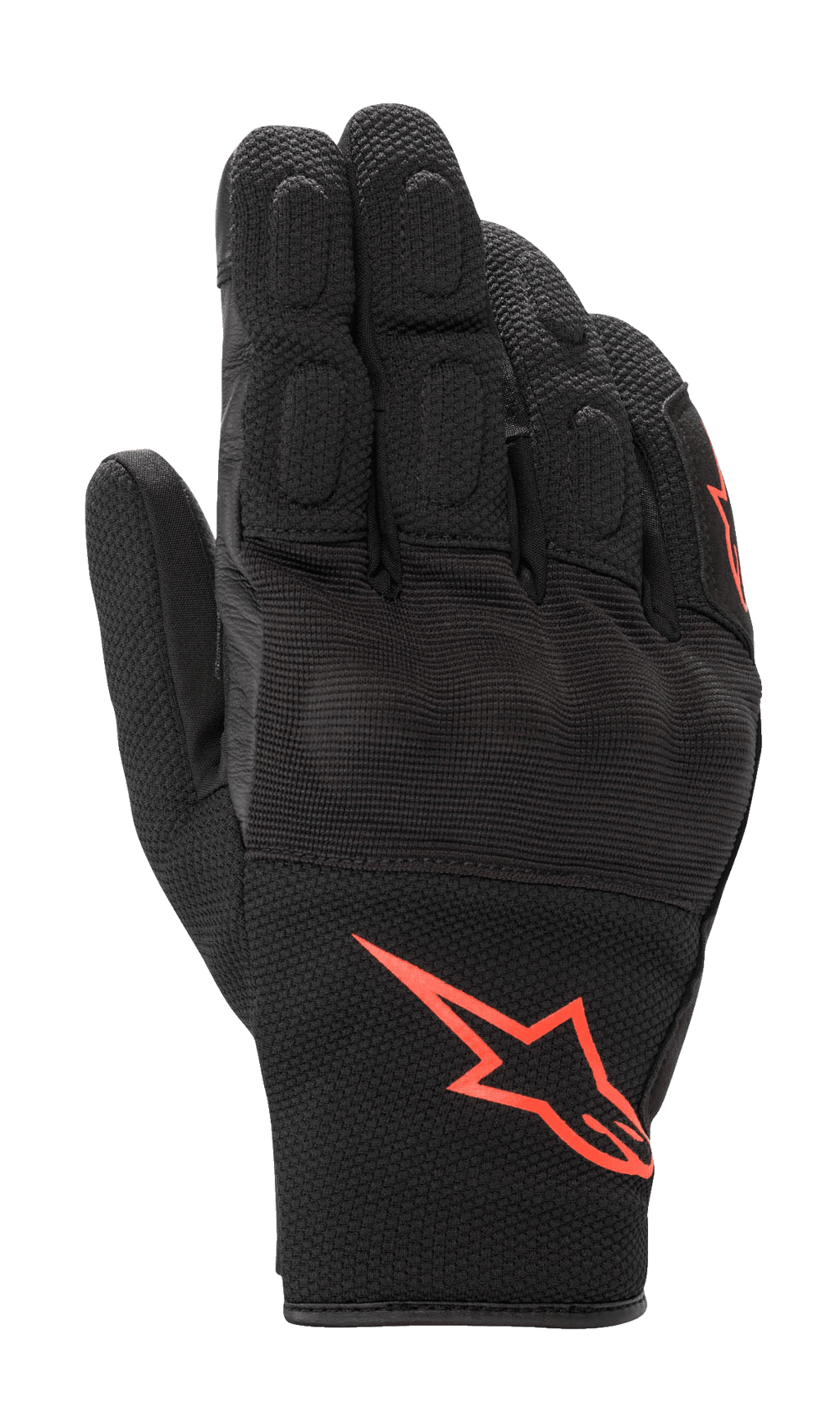 Alpinestars S-Max Drystar Handschuhe, kurze Motorradhandschuhe, Schwarz mit fluoreszierendem rotem Logo, Konstruktion aus Stretch-Mesh und Leder, überzogener Hartschalen-Knöchelschutz und gepolsterte Finger