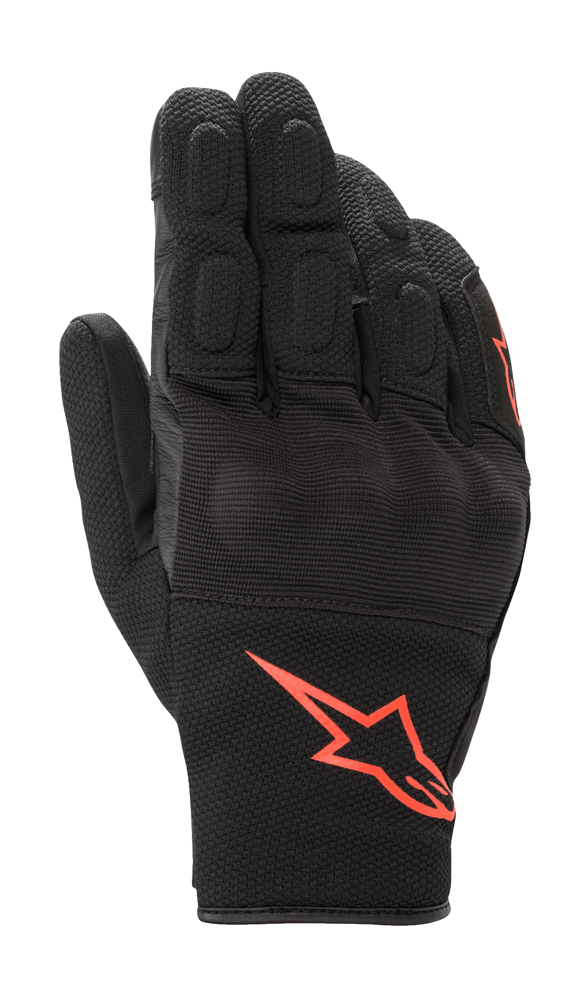 Alpinestars S-Max Drystar Handschuhe, kurze Motorradhandschuhe, Schwarz mit fluoreszierendem rotem Logo, Konstruktion aus Stretch-Mesh und Leder, überzogener Hartschalen-Knöchelschutz und gepolsterte Finger