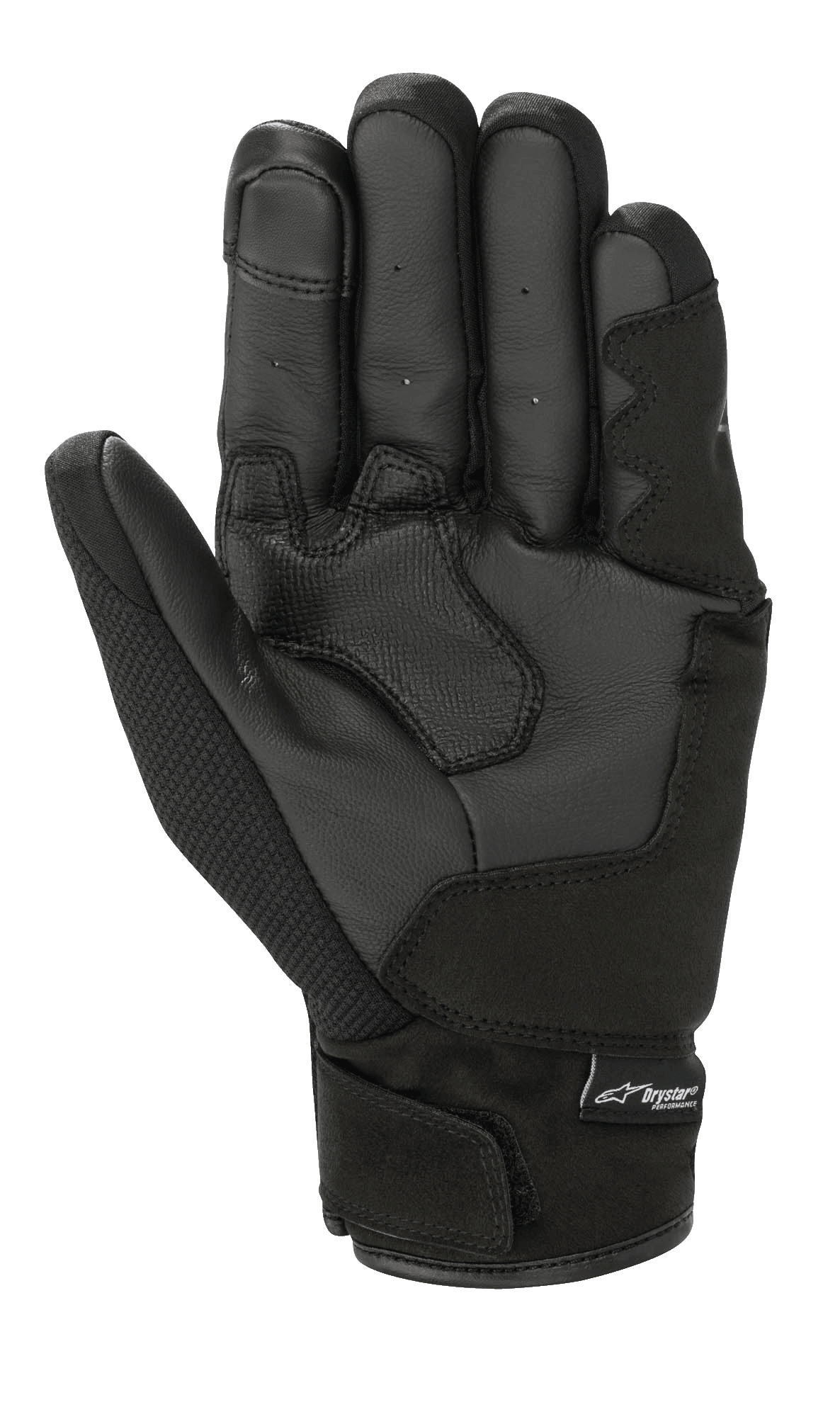 Alpinestars S-Max Drystar® Handschuhe, Motorradhandschuhe, Schwarz Anthrazit, Handflächenansicht mit verstärkter Lederkonstruktion, perforierten Fingerdetails und Drystar®-Logo am Handgelenkverschluss