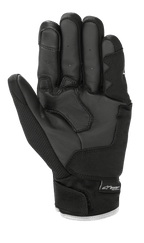 Alpinestars S-Max Drystar® Handschuhe, Motorradhandschuhe, Schwarz und Weiß, Handflächenansicht mit Lederkonstruktion und verstärkter Polsterung, kurze Manschette mit Klettverschluss und Drystar®-Branding