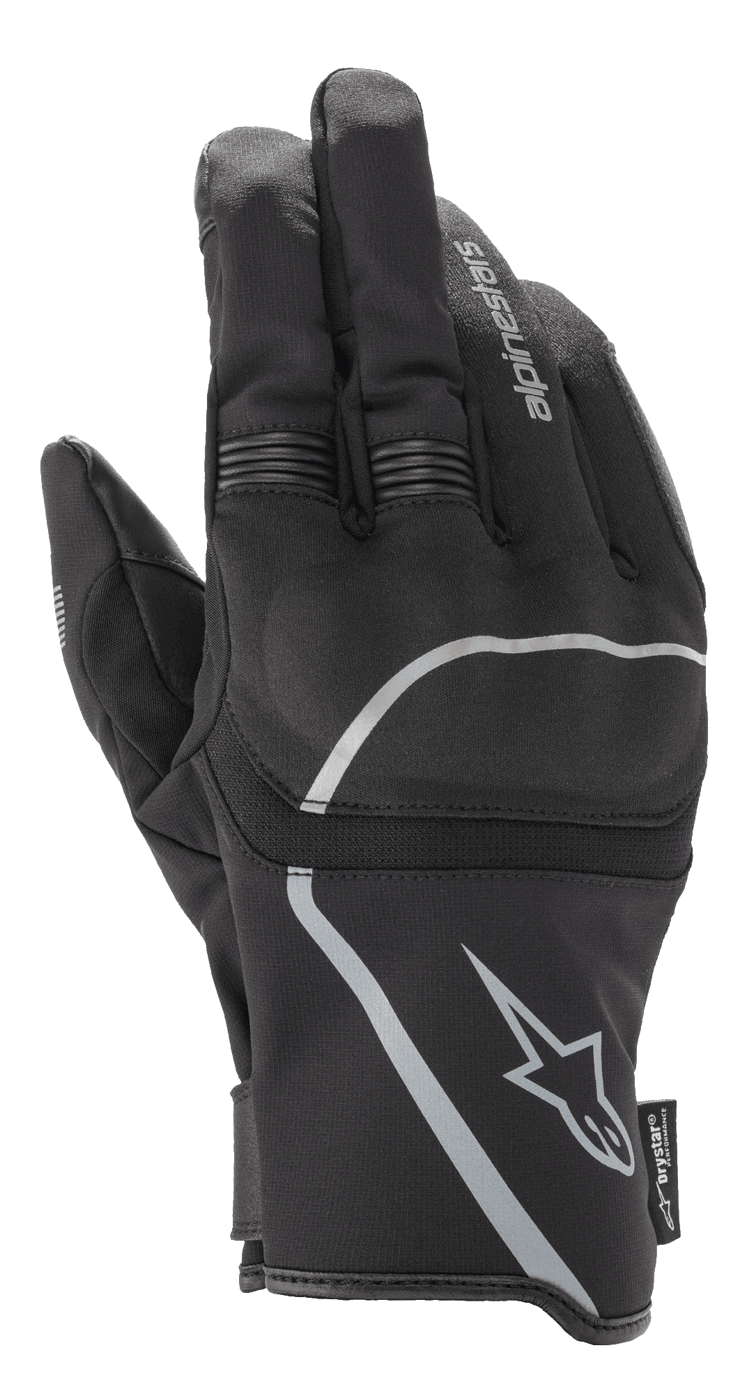 Alpinestars Syncro V2 Drystar® Gloves, Urban Motorcycle Gloves, Black and Mid Gray, back view highlighting the textile construction and viscoelastic knuckle protection, waterproof and breathable design with reflective accents.