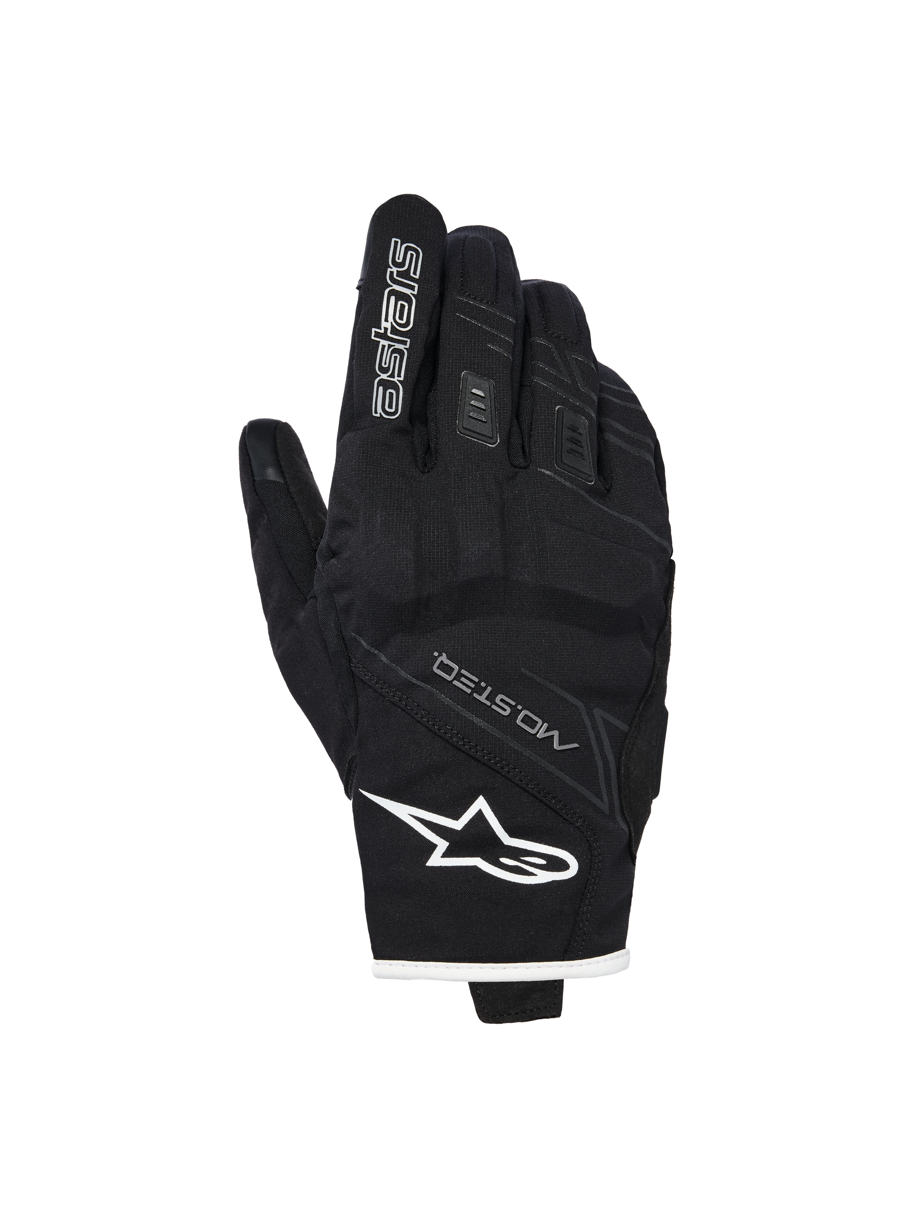 Alpinestars Stella Moblast Wasserdichte Handschuhe, Damen-Motorradhandschuhe, Schwarz mit weißen Akzenten, Handrückenansicht mit Alpinestars-Logo, MO.ST.EQ-Branding und weichem Knöchelschutz
