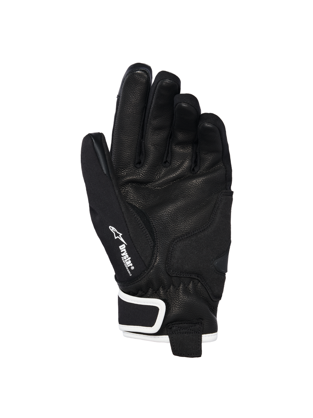 Alpinestars Stella Moblast wasserdichte Handschuhe, Handflächenansicht, schwarzes Ziegenleder mit strukturierter Grifffläche, weiße Akzente und Drystar-Branding, kurzes Stulpendesign für urbane Motorradfahrten