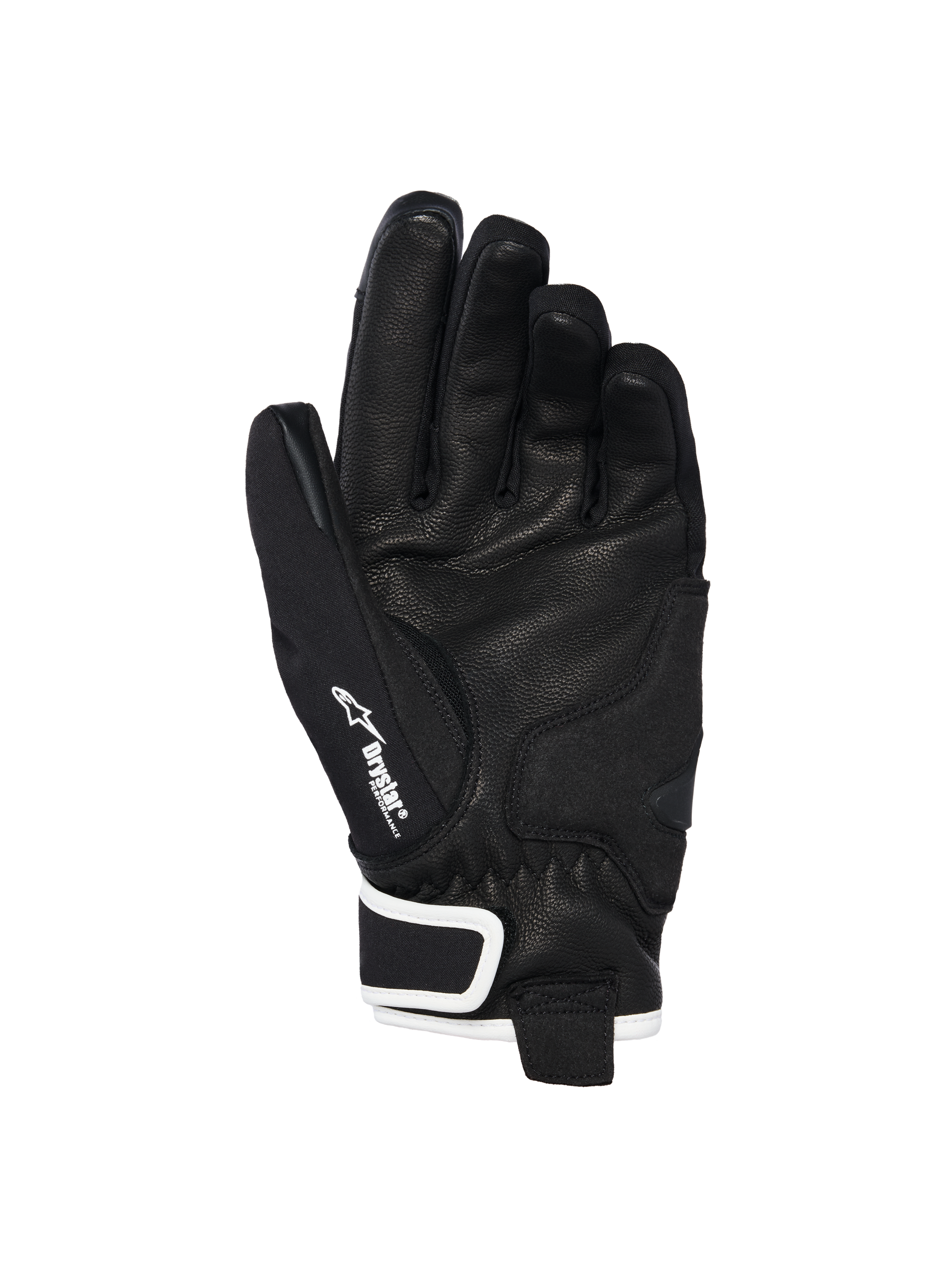 Alpinestars Stella Moblast wasserdichte Handschuhe, Handflächenansicht, schwarzes Ziegenleder mit strukturierter Grifffläche, weiße Akzente und Drystar-Branding, kurzes Stulpendesign für urbane Motorradfahrten