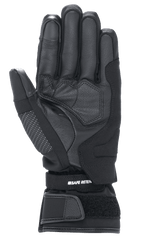 Alpinestars Damen Stella Andes V3 Drystar® Handschuhe, Motorradhandschuhe in Schwarz Anthrazit, Handflächenansicht mit Ziegenlederkonstruktion, verstärkte Polsterung und verstellbarer Klettverschluss am Handgelenk mit Safe Retention Branding.